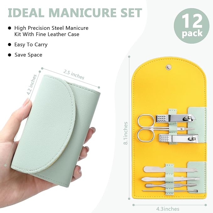 12 Set Manicure Set Bulk Mini Manicure Nail Clipper Kit 7 in 1 Stainless Steel Professional Nail Care Pedicure with Travel Portable Bag Grooming Kits for Women Men Home(Light Green)