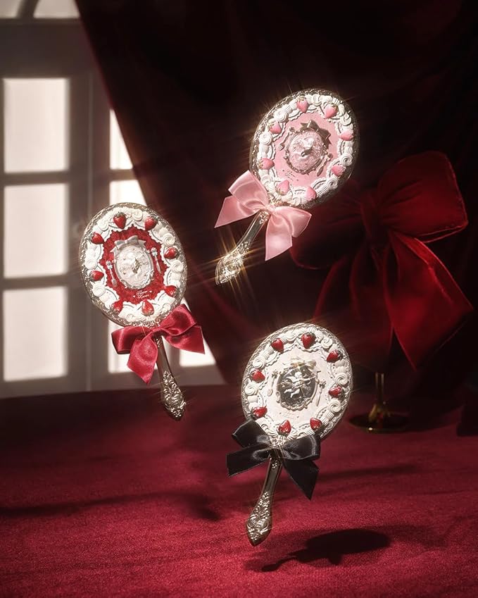 Flower Knows Strawberry Cupid Hand Mirror,Portable Vintage Handheld Mirror,Durable Metal Mirror,Cute & Aesthetic Princess Mirror,with Long Handle for Easy Holding,Gift for Girls(Milky Shake)