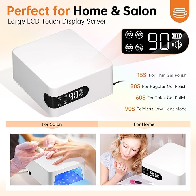UV LED 96W Nail Lamp Professional Nail Dryer Sparkly Gel Polish Light with 4 Timer Setting LCD Display Quick Dry Curing Lamp with Display Auto Sensor for Salon & Home White