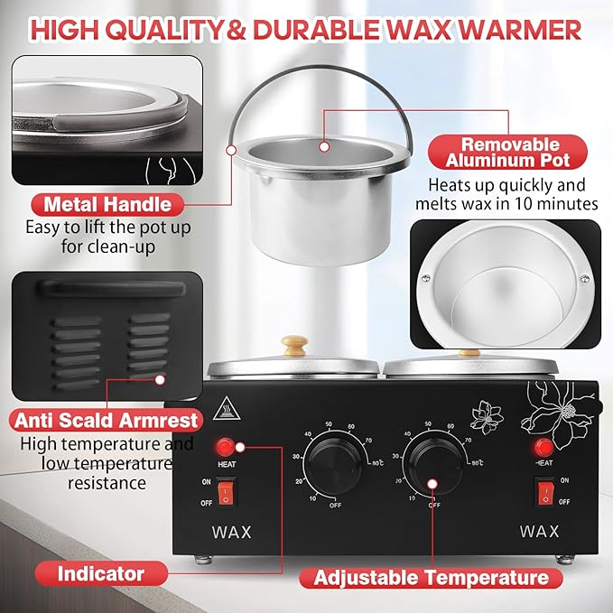 1.2L Double Wax Warmer Machine Wax Pot for Hair Removal, Professional Electric Wax Heater with Adjustable Temperature Set for Women Men with 40PCS Wooden Wax Sticks and Two Silicone Bowls