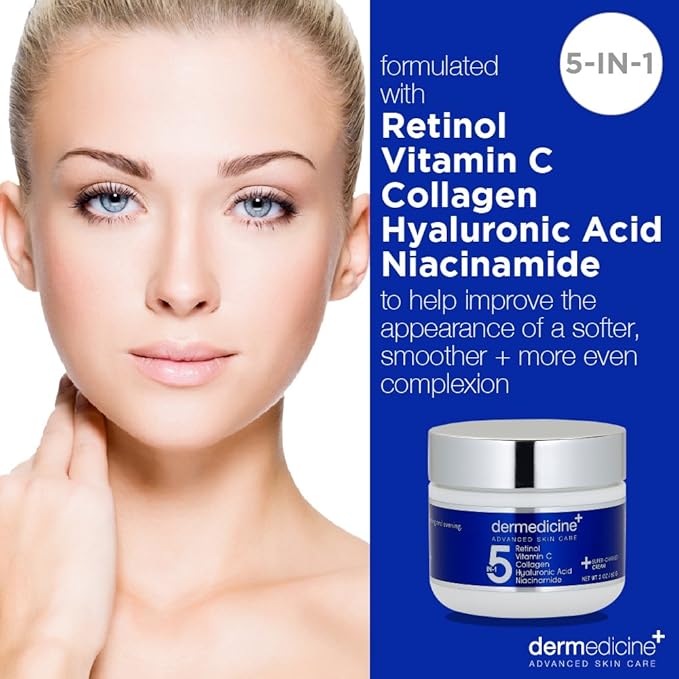 5 in 1 Retinol, Vitamin C, Collagen, Hyaluronic Acid and Niacinamide | Potent Face Cream Fine Lines and Wrinkles and Reduce Appearance of Dark Spots 2 oz