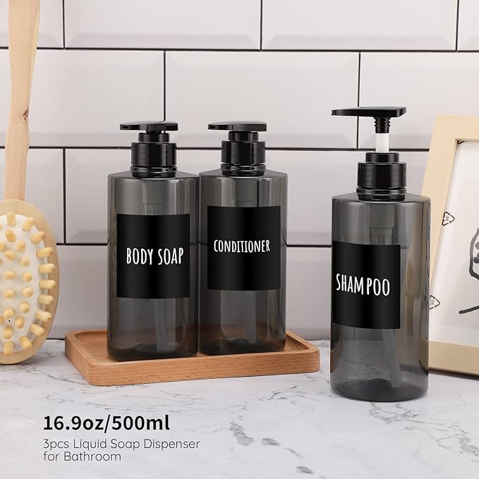 Segbeauty Shower Bottles Refillable, 3pcs 16.9oz/500ml Liquid Dispenser with Labels, Empty Plastic Lotion Pump Press Bottles for Shampoo, Conditioner, Body Soap, Hand Soap, Bathroom, Hotel - Gray