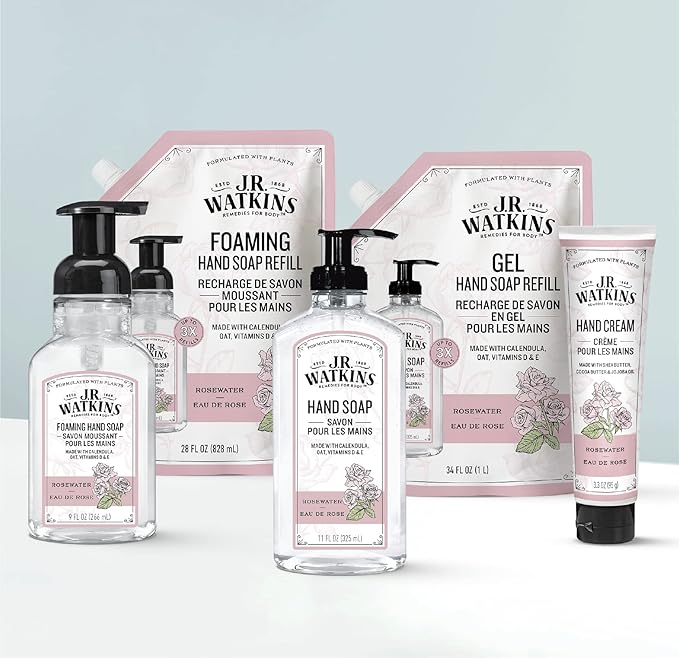 J.R. Watkins Gel Hand Soap Refill, Moisturizing Hand Wash, All Natural, Alcohol-Free, Cruelty-Free, USA Made, Rosewater, 34 Fl Oz, 3 Pack
