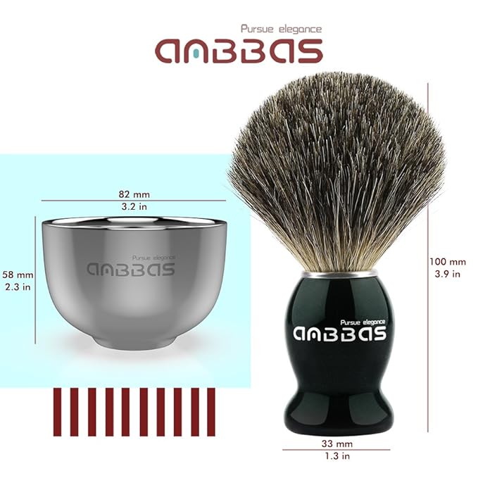 Anbbas Pure Badger Bristles Shaving Brush Black Wood Handle and Refill Soap Bar 100g,Stainless Steel Shaving Stand and Soap Cup Kit Perfect for Men