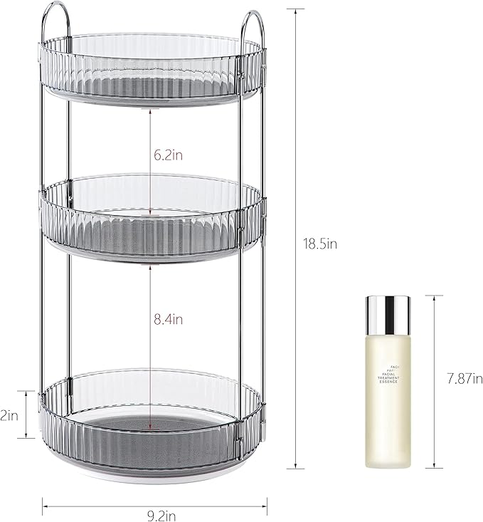 360° Rotating Makeup Organizer, Bathroom Make Up Spinning Holder Rack, Large Capacity Cosmetics Storage Vanity Shelf Countertop, Fits Cosmetics, Perfume, Skincare, Lipsticks(3 Tiers, Gray)