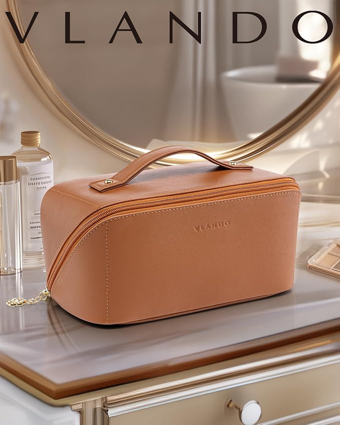 Vlando Travel Makeup Bag,Teacher Appreciation Gifts,Brown Leather Make up Bagr for Women,Makeup Brushes Bag with Divider and Handle,Gifts for Mom Women Traveler