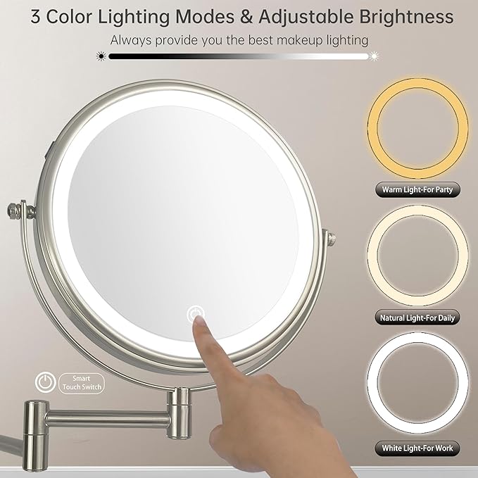 JANEEVA 8" Wall Mounted Lighted Makeup Mirror,Rechargeable Double Sided 1X/10X Magnifying Mirror with 3 Color Lights,Touch Dimmable Bathroom Vanity Mirror with 360°Swivel Extendable Arm Brushed Nickel