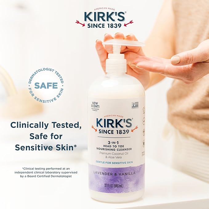 Kirk's 3-in-1 Head to Toe Nourishing Liquid Cleanser- for Men, Women & Children - Premium Coconut Oil & Aloe Vera- Non GMO & Vegan - Lavender and Vanilla - 32 Fl Oz. - 2 Pack
