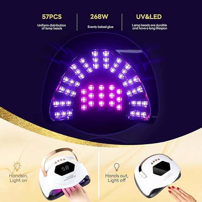 268W UV LED Nail Lamp, HeerMua Nail Dryer for Gel Polish, Fast Curing Gel Polish Light 4 Timers,Professional LED Nail Lamp UV Nail Light with Portable Handle, 57Pcs Lamp Beads and Automatic Sensor