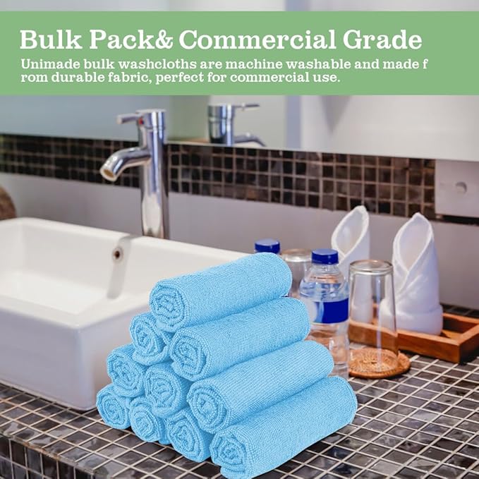 Washcloths Bulk - 100 Pack - Face Towel (12" x 12"), Highly Soft Wash Cloth and Hand Towels, Fast Drying Multi-Purpose Microfiber Cleansing Cloths for Bathroom, Hotel, Spa, and Salon - Blue