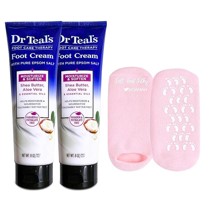 Pure Epsom Salt Foot Cream Gift Set (2 Pack, 8oz Each) - Foot Lotion with Shea Butter & Aloe Vera Essential Oils, Bundled with NOAHIAN Soft and Silky Gel Socks