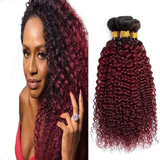 1B99j Curly Bundles Ombre Burgundy Kinky Curly Bundles Black and 99j Human Hair two tone Brazilian Human Hair Extensions Wet and Wavy for Women 22 24 26 Inch