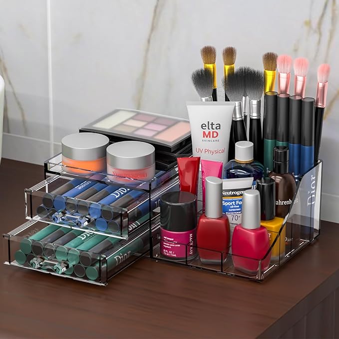 Cq acrylic Clear Makeup Organizer - 2 Drawer Vanity Makeup Holder for Skincare, Hair Clip, Jewelry and Beauty Storage - 1 Pack