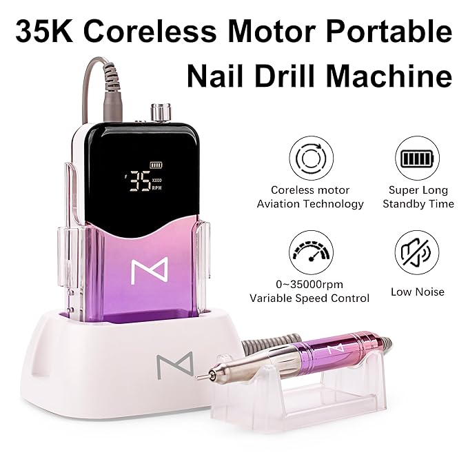 M Mase- Professional Nail Drill Machine - 2-in-1 Nail File - Cordless, 35000 RPM, HD Display - Gift for Her - Electric Nail Drill for Professional & Home Use (Pink Gold)