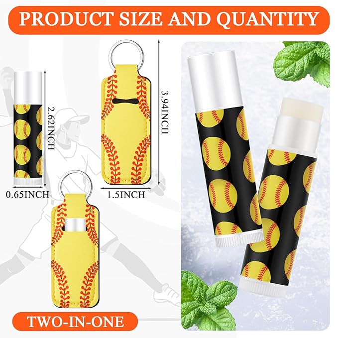 18 Sets Party Favors Lip Balm and Lipstick Holder Keychain Bulk Sport Ball Team Gifts Natural Moisturizing Lip Balm Keychains Pouch for Team Gifts Sports Party Supplies(Softball)