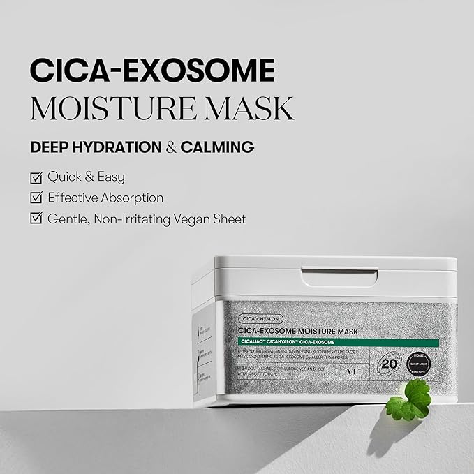 VT COSMETICS Cica-Exosome Moisture Mask 20 Sheets, Centella Asiatica & Hyaluronic Acid with Exosomes for Deep Hydration & Calming, Biodegradable Vegan Sheets, Korean Face Mask