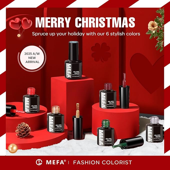 MEFA Gel Nail Polish Set, 6 Colors Burgundy Red Dark Green Glitter Gel Polish Silver Gold Sparkle Nail Polish Manicure Soak Off Salon Gifts for Women Girl