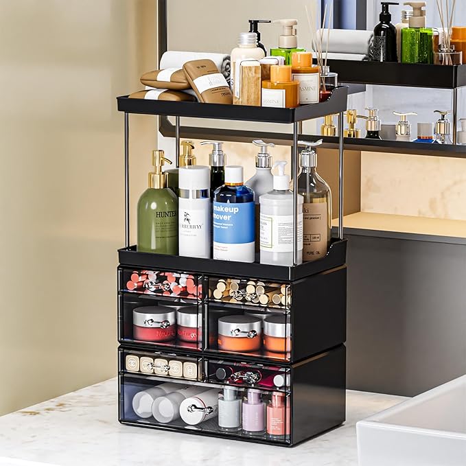 3 Pack Bathroom Organizers and Storage Countertop With 7 Drawers,Stackable Vanity Drawer Organizer for Makeup,18.9" Tall Large Capacity Skincare Organizer and Exquisite Makeup Organizer,Black