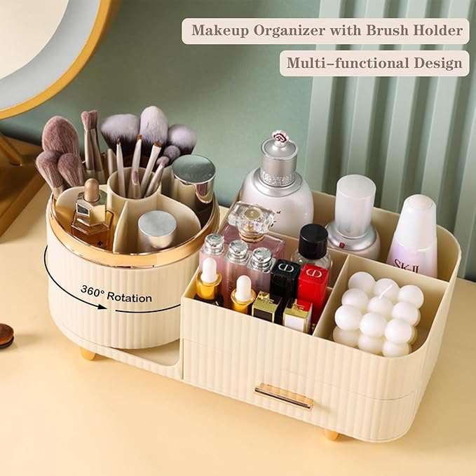 Rotating Makeup Organizer for Vanity with Brush Holder and Drawer, Cosmetic Makeup Storage, Large Spinning Makeup Skincare Organizer, Countertop Makeup Perfume Organizer, Lotions Display Case (Ivory)