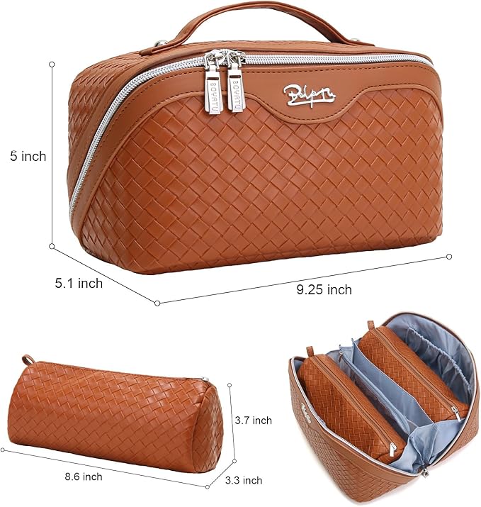 BOYATU Travel Makeup Bags for Women: 3 Pcs Large Make up Bags Set - Vegan Leather Cosmetic Bag for Traveling - Waterproof Toiletry Organizer Wide Open Portable Pouch (L07 Brown)