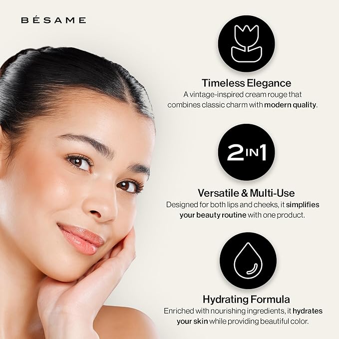 BESAME Golden Peach Cream Rouge - 1976, Highly Pigmented, Matte Finish, Multi-Use for Lips and Cheeks, Vintage-Inspired Reusable Tin, Long-Wearing, Sensitive Skin Friendly