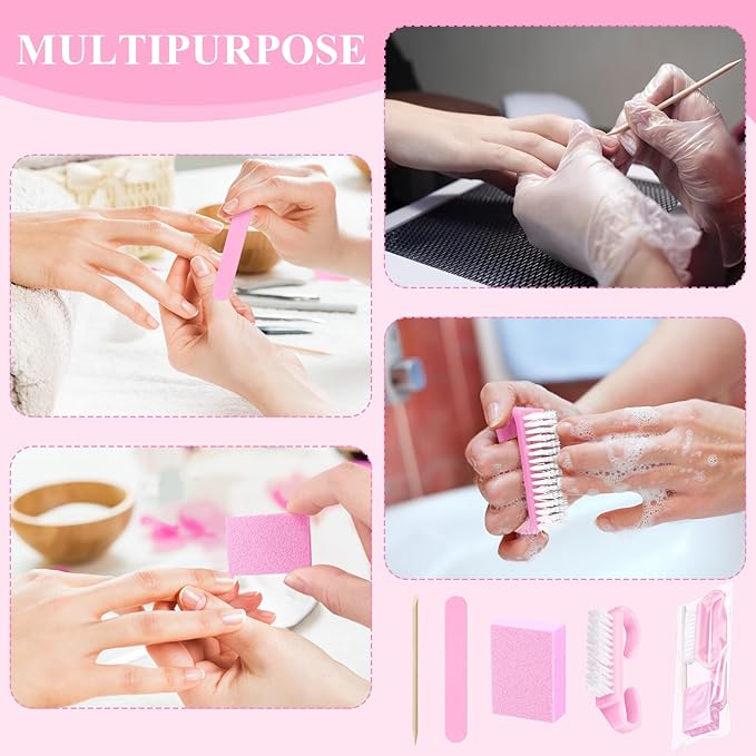 100 Sets Professional Disposable Manicure Kit Basics 4 Piece Nail Kit Wood Nail File 100/180 Grit, Mini Buffer 80/100 Grit, Wood Stick and Handle Grip Brush Gifts(Pink)