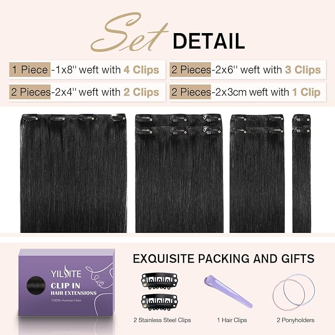 YILITE Clip in Hair Extensions Real Human Hair 18inch 80g 7Pcs #1 Jet black Remy Human Hair Extensions Clip ins for Women Natural Human Hair
