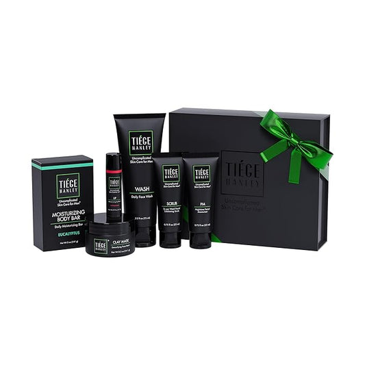 Tiege Hanley Mens Skin Care Gift Box Set, Silver - Men's Skincare Set Includes Face Wash, Exfoliating Scrub, Facial Moisturizer, Face Clay Mask, Moisturizing Lip Balm, & Moisturizing Body Soap Bar