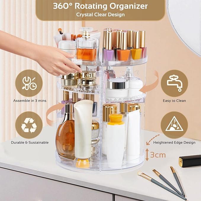 Boxalls Makeup Organizer Rotating Large Capacity, 360 Makeup Carousel with Brush Compartment, Clear Skincare Cosmetic Spinning Organizer with 7 Layers for Countertop Vanity Bathroom Bedroom