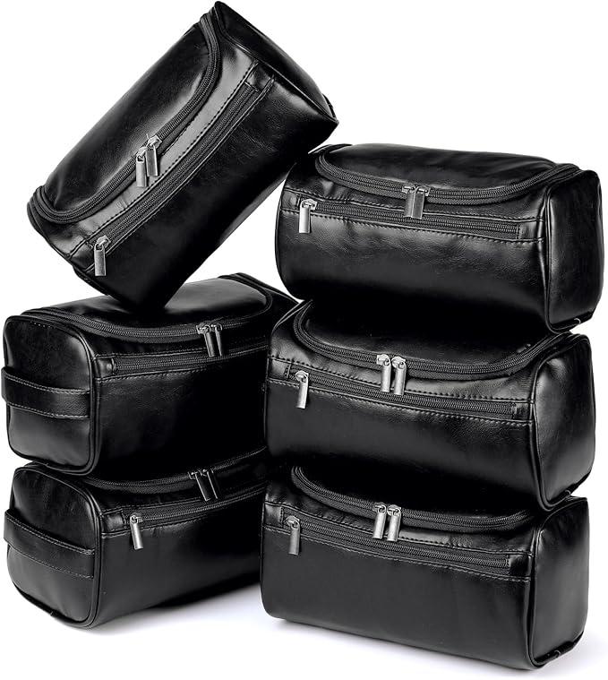 Aliceset 6 Pcs Groomsmen Gift Groomsmen Toiletry Bags Set of 6 Leather Toiletry Bag for Men with Hook Leather Wedding Proposal Bag with Side Handle Father Gift(Black)