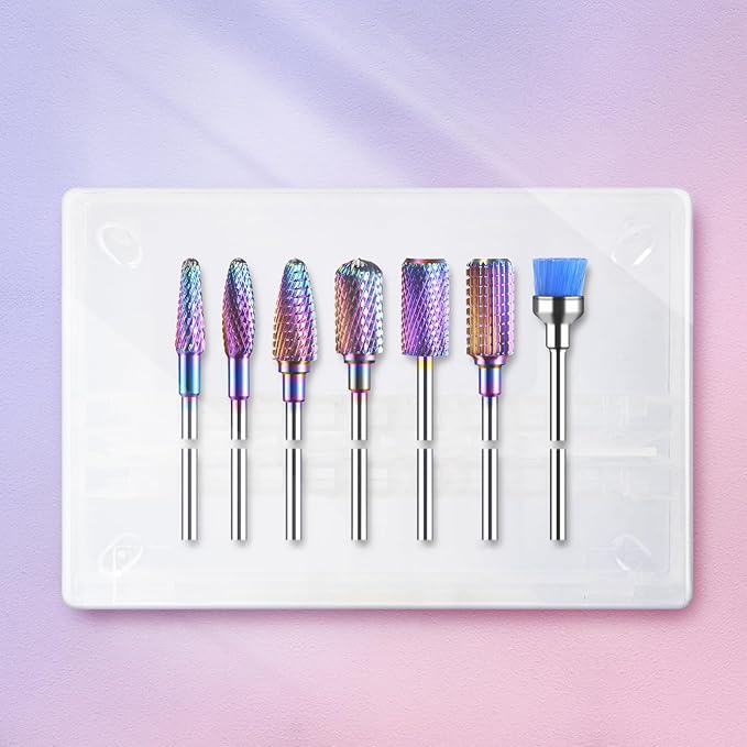 MelodySusie Nail Drill Bits Set, 7pcs Tungsten Carbide Diamond Nail Drill Bits for Acrylic Nails Poly Gel Cuticle Remove, 3/32'' Professional Nail Bits for Nail Drill Efile (A-Colorful)