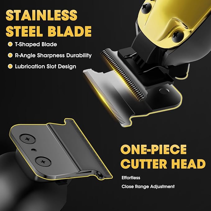 4-in-1 Hair Clippers for Men, Professional Cordless Barber Hair Cutting Kit, T-Blade Trimmer, Electric Foil Shaver, Nose Hair Trimmer, LCD Display, Grooming Gift Set (Gold)