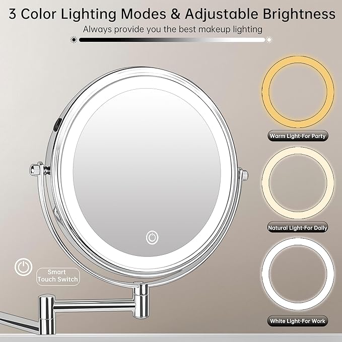 JANEEVA 8" Wall Mounted Lighted Makeup Mirror,Rechargeable Double Sided 1X/10X Magnifying Mirror with 3 Color Lights,Touch Dimmable Bathroom Vanity Mirror with 360°Swivel Extendable Arm Chrome