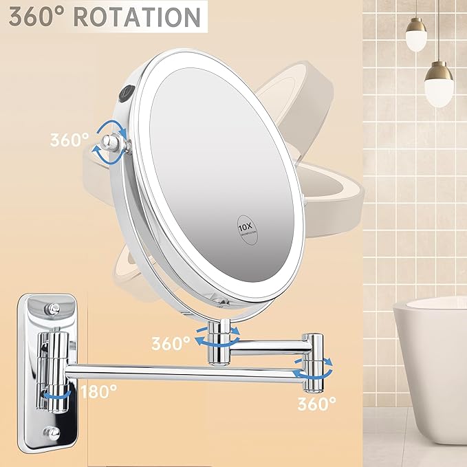 JANEEVA 10X Wall Mounted Lighted Makeup Mirror, Rechargeable Double Sided 1X/10X Magnifying Vanity Mirror with 3 Color Lights, Touch Dimmable, Extended Arm 360° Rotation, 8 inch