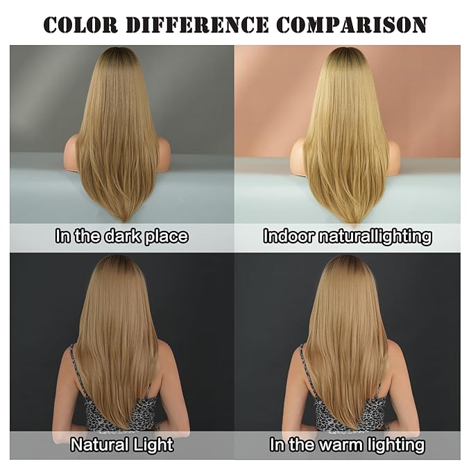 7JHH WIGS Blonde Layered Wig with Curtain Bangs Long Straight Pixie Cut wig with Dark Roots Natural Looking Heat Resistant Synthetic Hair Fiber Wigs for Women Daily Used