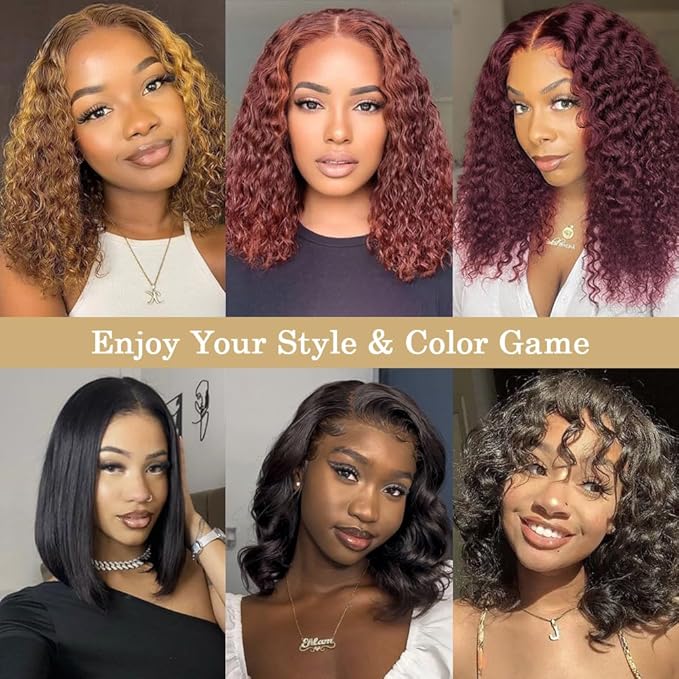 13x4 Curly Bob Wig Human Hair Water Wave HD Lace Front Bob Wigs Curly Human Hair Wig For Women Wet And Wavy Wigs 180% Density Wear And Go Glueless Wig Pre Plucked Pre Cut (16 Inch)