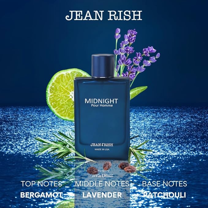 Jean Rish Midnight Pour Homme Eau De Toilette for Men (3.4 Fl Oz / 100ml) with Rosemary, Bergamot & Sea Notes - Long Lasting and Luxury Fragrance