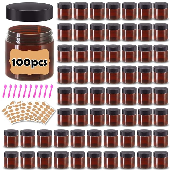 2 oz Plastic Containers with Lids 100pcs Amber Plastic Jars with Lids + 3/5/10 Gram 24pcs Sample Containers Travel Jar– Great for Lip Scrub, Body Butters, Cream, Lotion, Labels & Spatulas