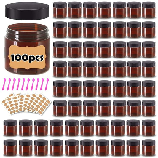 2 oz Plastic Containers with Lids 100pcs Amber Plastic Jars with Lids + 3/5/10 Gram 24pcs Sample Containers Travel Jar– Great for Lip Scrub, Body Butters, Cream, Lotion, Labels & Spatulas