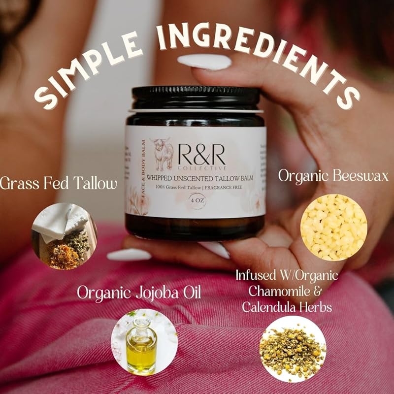Handmade Tallow Balm (Unscented)- 100% Grass Fed Beef Tallow for Skin Care- 100% Natural Whipped Tallow Balm- Sensitive & Dry Skin, Eczema, Psoriasis- 2 FL. oz
