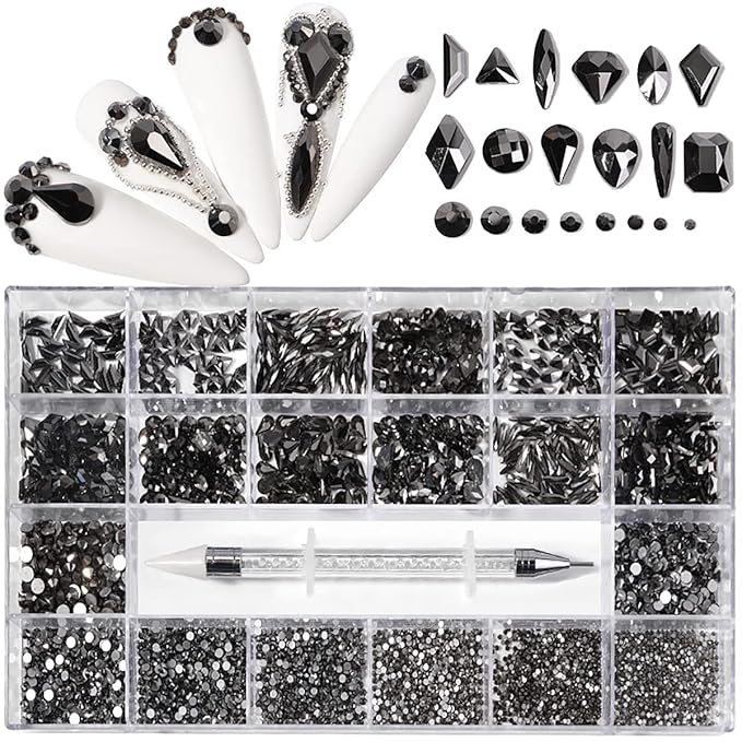 12 Types of Mine Black 600 Diamonds + 2500 Flat Rhinestones Mix 20 Styles Flatback DIY Crafts Rhinestone Crystals 3D Decorations Flat Back Stones Set + Rhinestone Picker Wax Pen