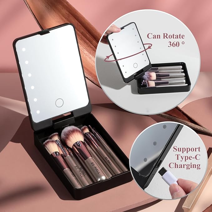 BS-MALL Travel Makeup Brush Set Foundation Powder Concealers Eye Shadows Makeup Set with LED light Mirror 14 Pcs (C-Champange)