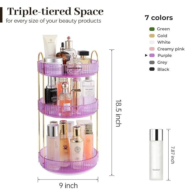 Aveniee Rotating Makeup Organizer for Vanity, Perfume Skincare Organizerss Large, Spinning Bathroom Counter Shelf Holder for Cosmetics, Skin Care, Lipsticks(3 Tiers, Purple)