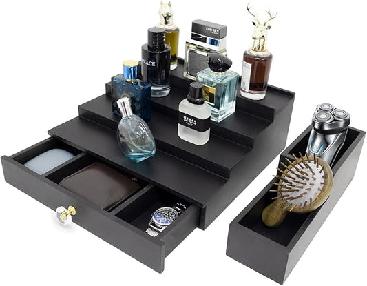 4 Tier Cologne Organizer Cologne Stand with Drawer and Hidden Compartment Cologne Holder for Men, Wood, Perfume Holder 2 in 1 Dresser Bathroom Organizer Men Room Essentials