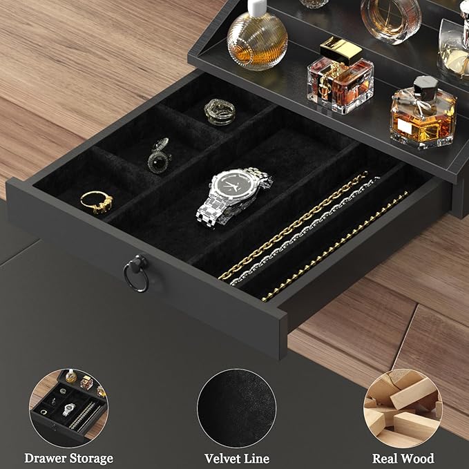 Wooden Cologne Organizer for Men Enhanced 4 Tier Cologne Stand Shelf Perfume Organizer with Velvet Lined Drawer & Hidden Storage Perfume Display Holder for Dresser Nice Gift (Classy Black)