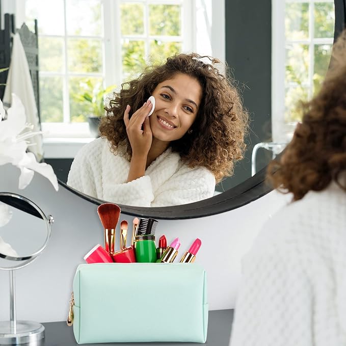 Sanwuta 9 Pcs Preppy Makeup Bag PU Leather Cosmetic Bag Makeup Pouch Plain Waterproof Toiletry Organizers for Traveling Preppy Travel Purse End of the Year Teacher Gifts Bulk(Mint Green)