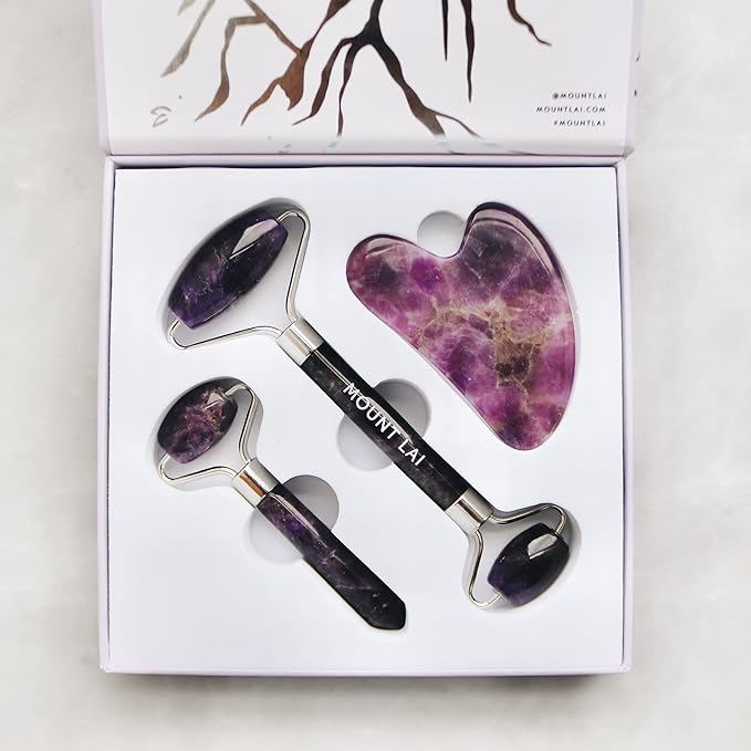 Mount Lai Amethyst Trio Calming Facial Set, Facial Roller and Amethyst Gua Sha Facial Tools Set, Guasha Tool for Face to Relieve Muscle Tension and Reduce Puffiness, Anti Aging Skin Care Sets
