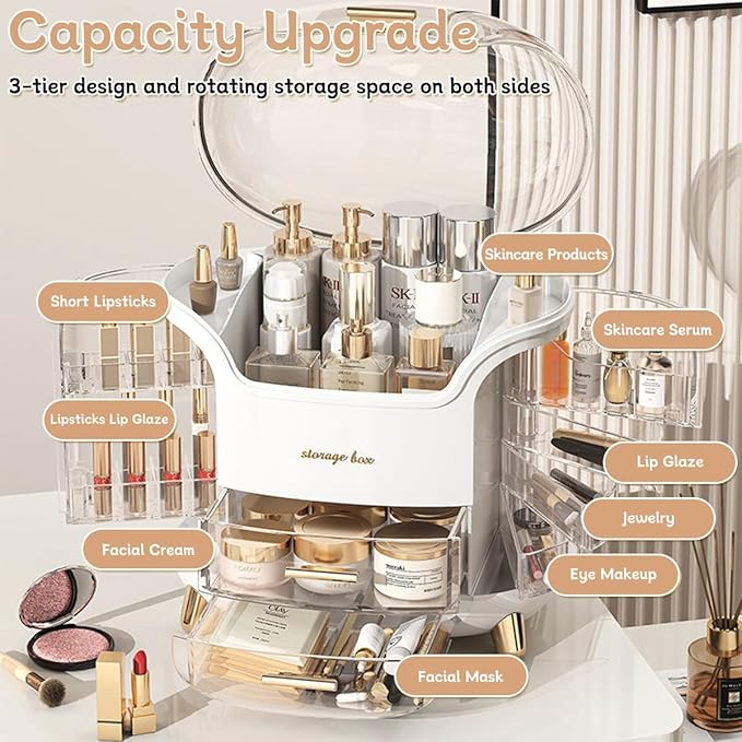 Makeup Organizer for Vanity, Skincare Organizer, Makeup Storage Drawers, Cosmetics Organizer with Lid, Makeup Brush Holder Rotating, Dressing Table Organizer, Large Makeup Box(White)