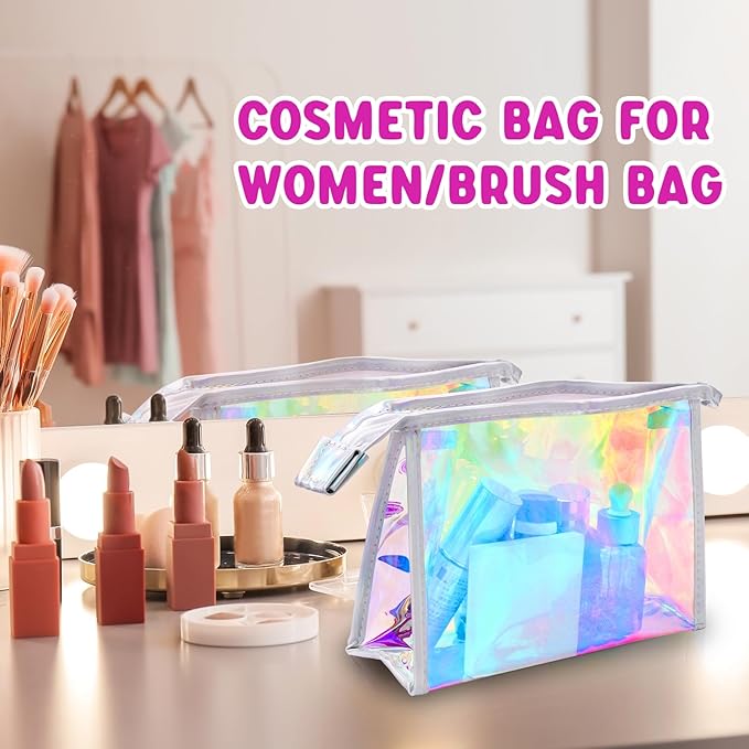 Zwish 2Pack Holographic Makeup Bags Bulk, Iridescent Pouch Portable Zippered Toiletry , Travel Makeup Brush Holder, Makeup Organizer, Waterproof Cosmetic , Gift Bags for Women