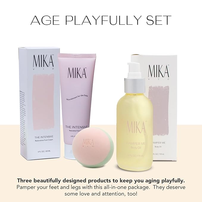 Age Playfully Bundle 3-Piece Gift Bundle for Women | Organic Body Oil+Foot Lotion for Dry Cracked Feet+Massage Ball for Feet and Muscle | Gift Idea for Women Over 40, Girlfriends, Moms | Clean Beauty